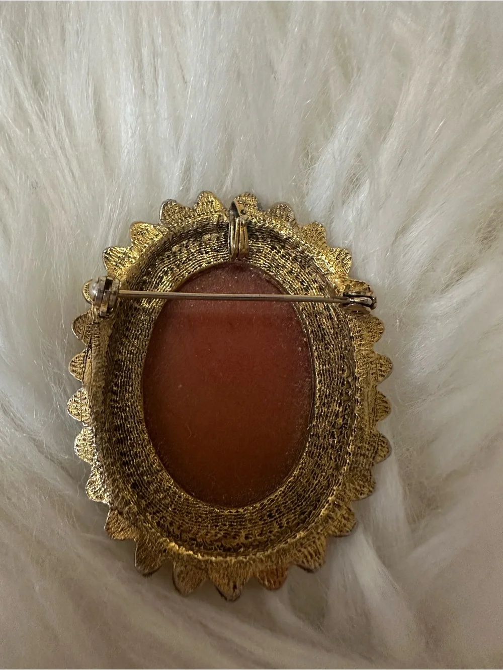 Vintage Cameo Brooch Pin in Cream and Coral with Gold Tone Frame